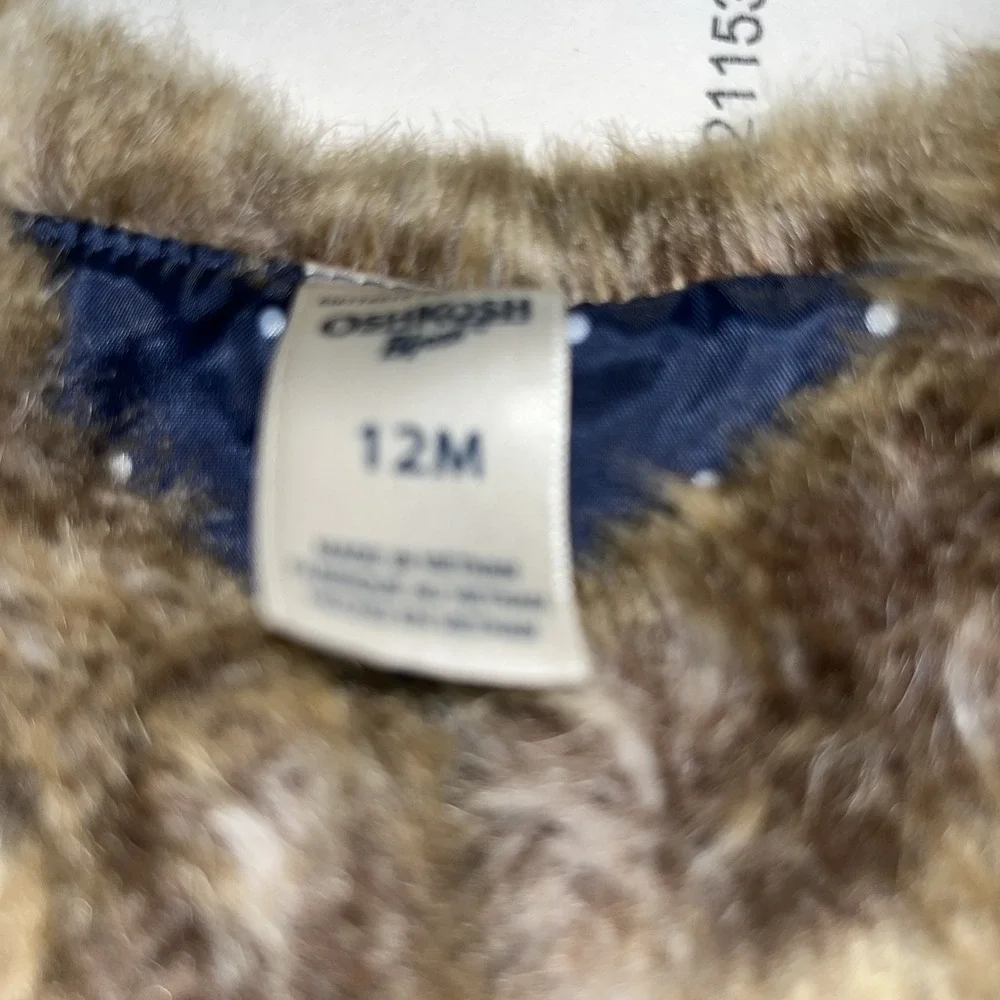 OshKosh Bgosh‎ Brown Faux Fur Vest Navy Polka Dot Lining Girls 12M Baby